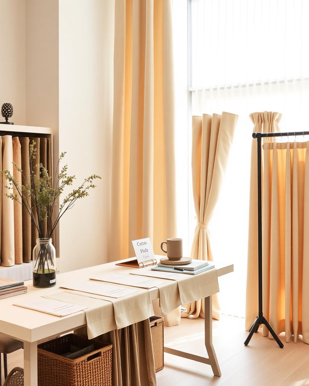 Showroom met gordijnen, stofstalen en raamdecoratie