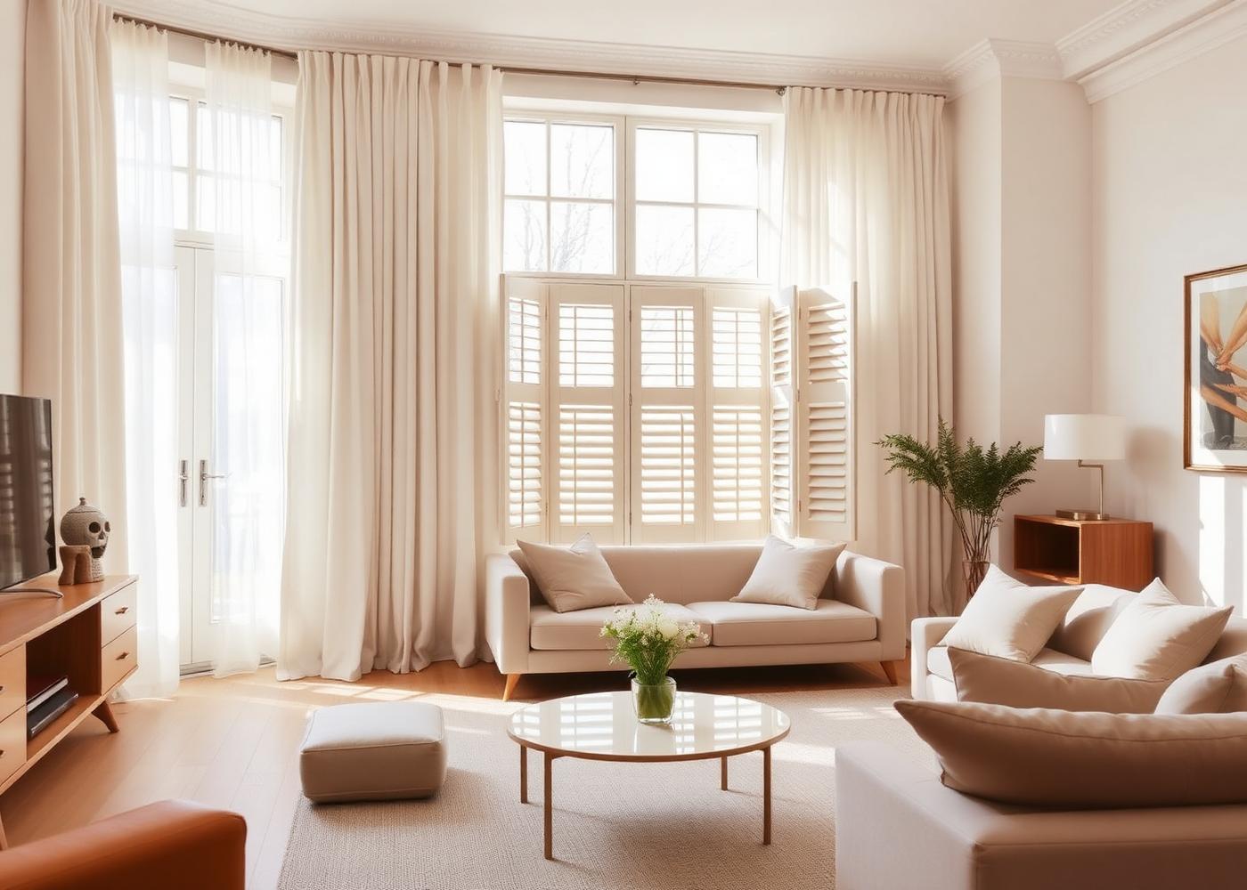 Lichte woonkamer met gordijnen en shutters op maat