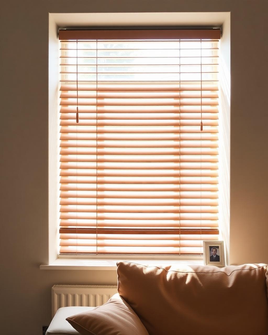 Houten jaloezieën van hout in een lichte woonkamer