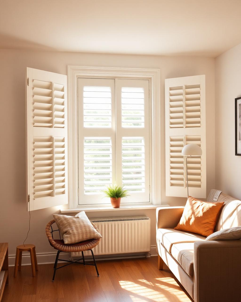 Witte shutters in een moderne huiselijke woonkamer