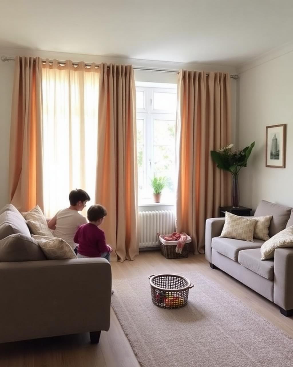Gezinswoning met lichte overgordijnen in een huiselijke woonkamer