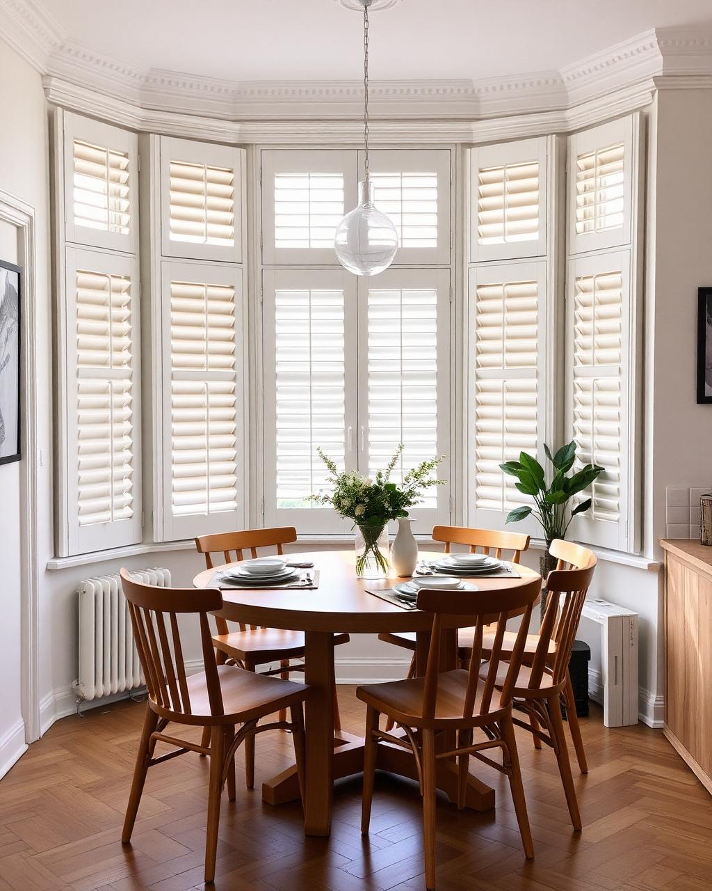 Appartement met witte shutters en houten eettafel