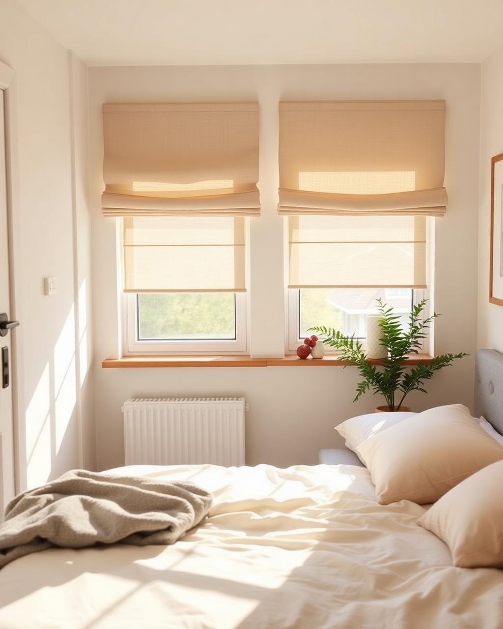 Slaapkamer met linnen vouwgordijnen in een nieuwbouwwoning