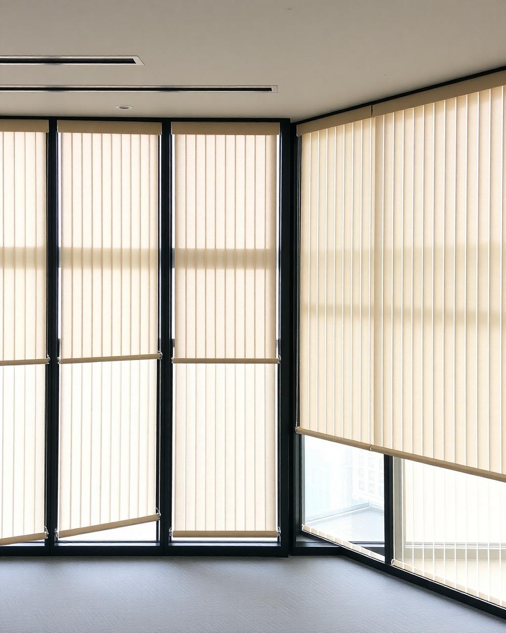 Kantoorruimte met verticale lamellen voor grote glaspartijen