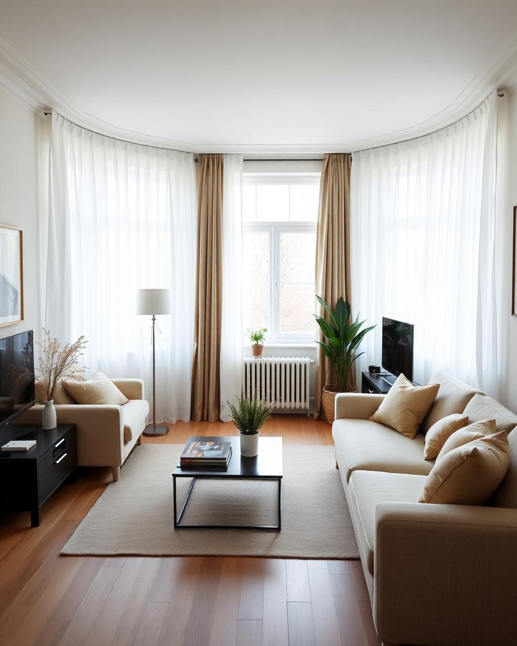 Stadsappartement met vitrage en warme overgordijnen